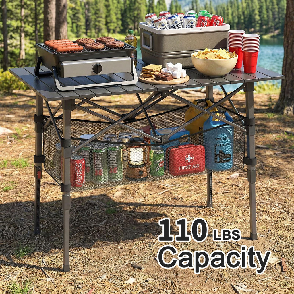 Portable Aluminum Folding Camping Table with Storage Basket C3685