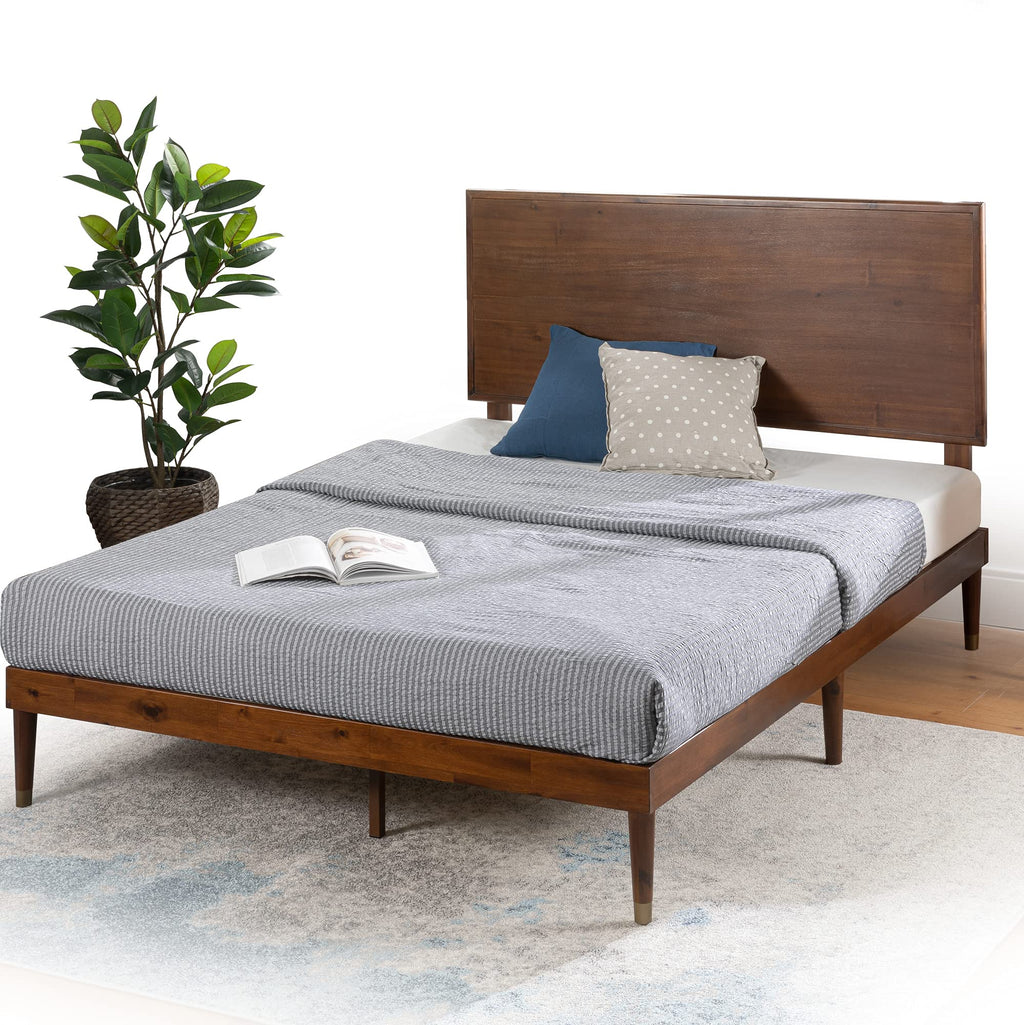 King Brown Wood Platform Bed Frame with Adjustable Headboard E9320