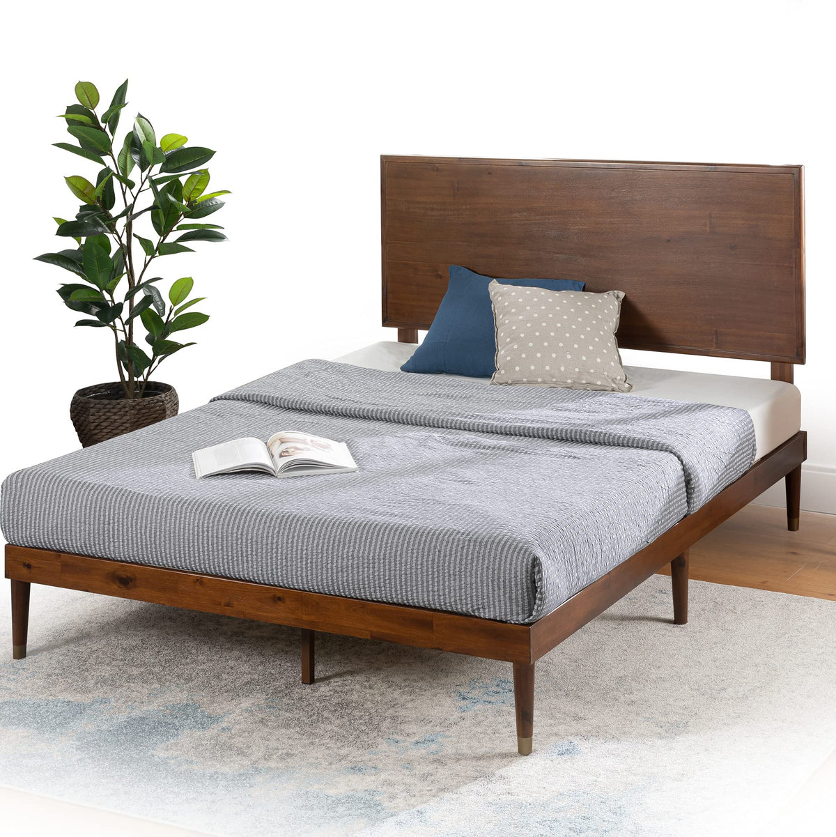King Brown Wood Platform Bed Frame with Adjustable Headboard E9320