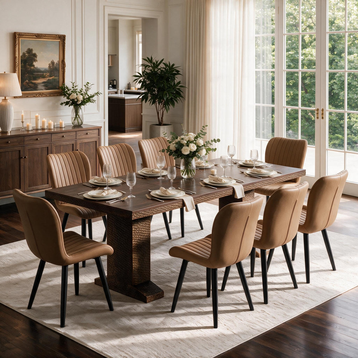 63-94.5 Inch Extendable Dining Table Set with 8 Brown Chairs X29236