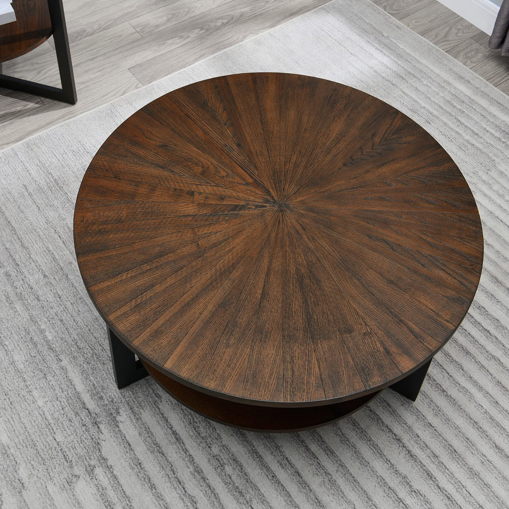 Round Coffee Table with Storage Shelf, Black Metal Legs, 35.3''D x 17.8''H P218