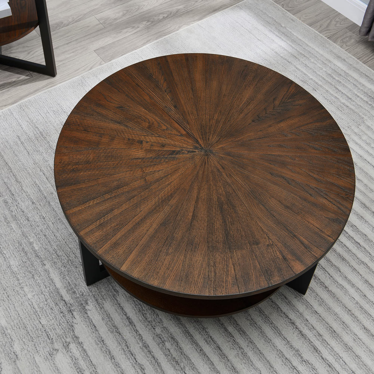 Round Coffee Table with Storage Shelf, Black Metal Legs, 35.3''D x 17.8''H P218